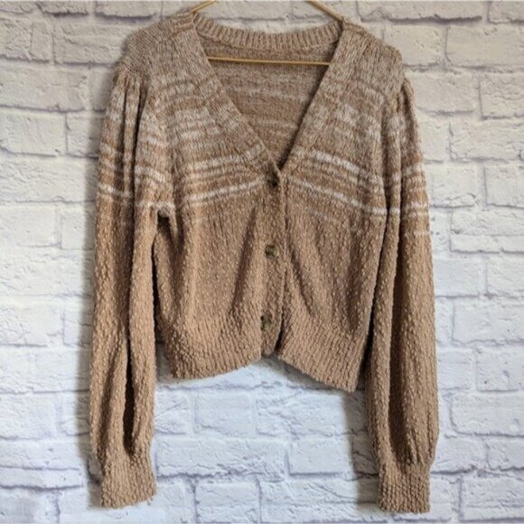 J. Crew Reversible Space Dyed Cardigan Sweater L Brown Tan Textured Puff Sleeve - Picture 3 of 7